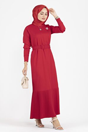 Pilise Detaylı Kemerli Elbise-Kırmızı
