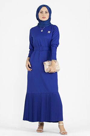 Pilise Detaylı Kemerli Elbise-Saks Mavi