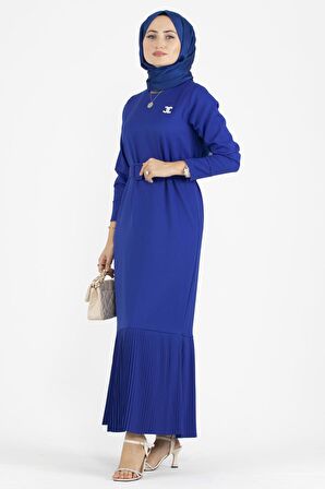 Pilise Detaylı Kemerli Elbise-Saks Mavi
