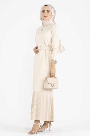 Pilise Detaylı Kemerli Elbise-Bej