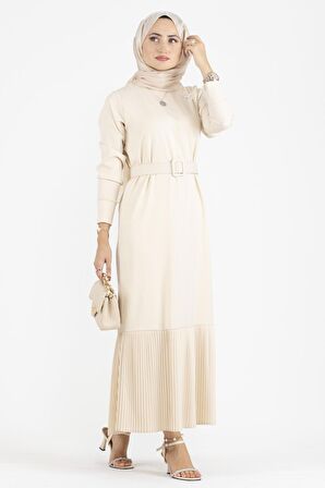 Pilise Detaylı Kemerli Elbise-Bej