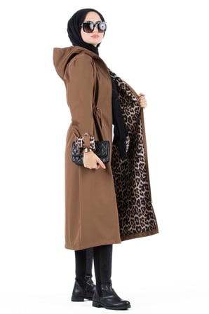 Leopar Detaylı Trençkot-Kahverengi