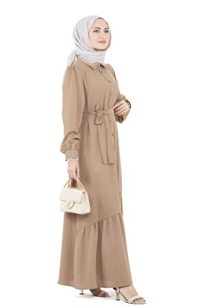 Boydan Düğmeli Elbise-Camel
