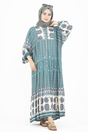 Karışık Desenli Viscon Elbise-Mint yeşili