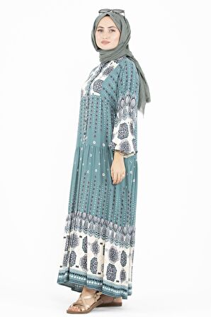 Karışık Desenli Viscon Elbise-Mint yeşili