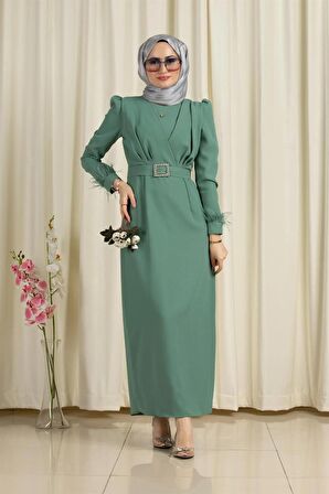 Venüs Kolu Tüy Detaylı Abiye-Mint Yeşili