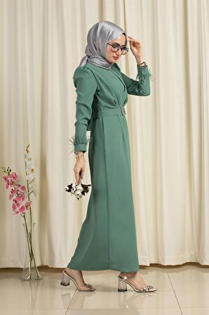 Venüs Kolu Tüy Detaylı Abiye-Mint Yeşili