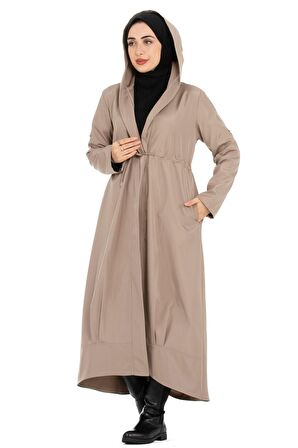 Kapşonlu Eteği Volanlı Beli Tünelli Kapüşonlu Uzun Trençkot -Vizon