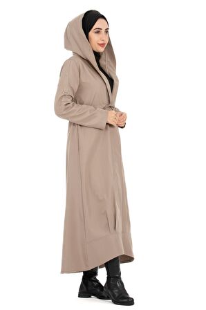 Kapşonlu Eteği Volanlı Beli Tünelli Kapüşonlu Uzun Trençkot -Vizon