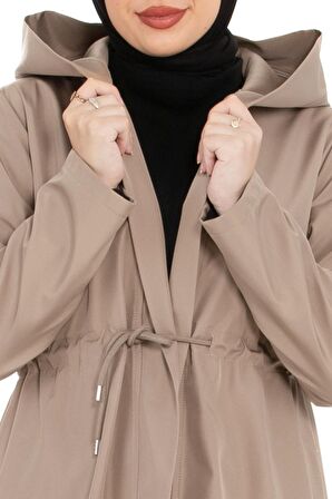 Kapşonlu Eteği Volanlı Beli Tünelli Kapüşonlu Uzun Trençkot -Vizon