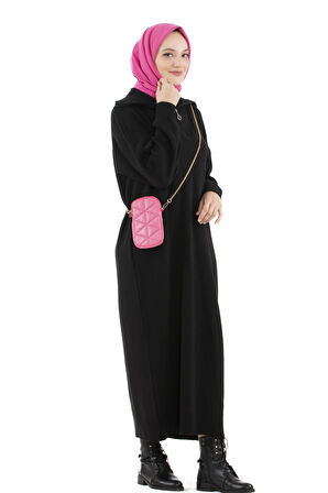 Fermuarlı Kamyoncu Yaka Triko Elbise-siyah