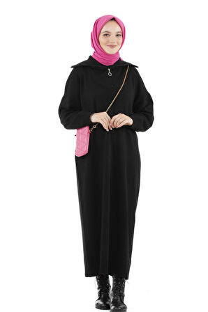 Fermuarlı Kamyoncu Yaka Triko Elbise-siyah