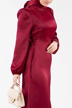 Yanı Bağcıklı Saten Abiye-Bordo