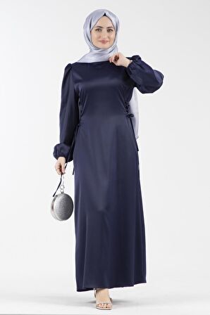 Yanı Bağcıklı Saten Abiye-Lacivert