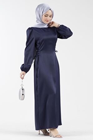 Yanı Bağcıklı Saten Abiye-Lacivert