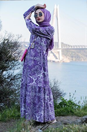 Karışık Desenli Kaplama Kemerli Viscon Elbise-Mor