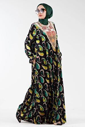 Yakası işlemeli Şal Desen Kadife Elbise-Zümrüt Yeşili