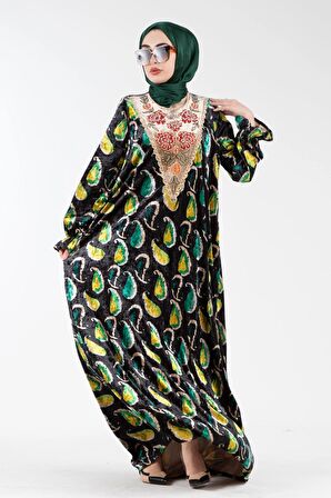 Yakası işlemeli Şal Desen Kadife Elbise-Zümrüt Yeşili