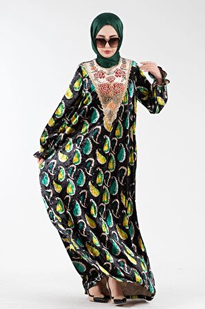 Yakası işlemeli Şal Desen Kadife Elbise-Zümrüt Yeşili