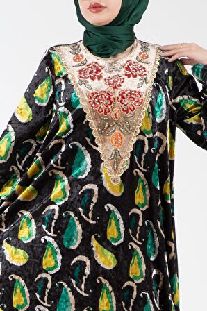 Yakası işlemeli Şal Desen Kadife Elbise-Zümrüt Yeşili