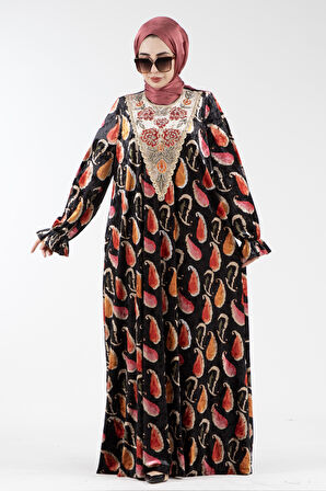 Yakası işlemeli Şal Desen Kadife Elbise-gülkurusu