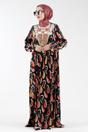 Yakası işlemeli Şal Desen Kadife Elbise-gülkurusu