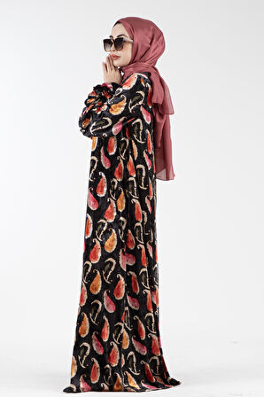 Yakası işlemeli Şal Desen Kadife Elbise-gülkurusu