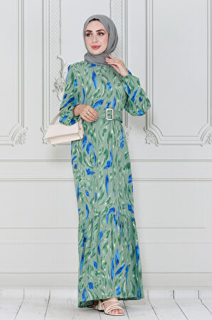 Yaprak Desenli Viscon Elbise-Mint Yeşili