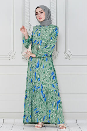 Yaprak Desenli Viscon Elbise-Mint Yeşili