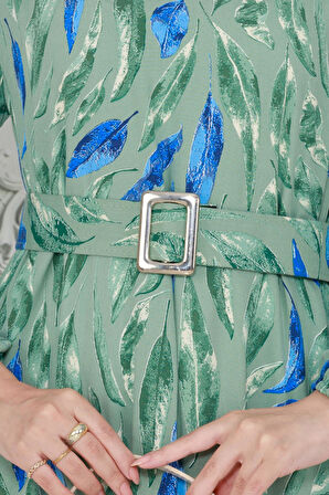 Yaprak Desenli Viscon Elbise-Mint Yeşili