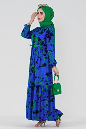 Miray Beli Tünelli Viskon Elbise-Saks Mavi