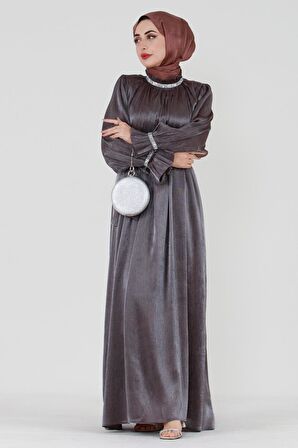 Simli Taşlı Abiye Elbise-Kahverengi