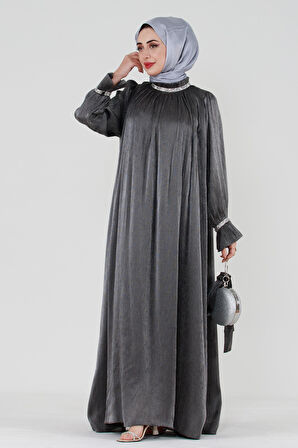 Simli Taşlı Abiye Elbise-Antrasit