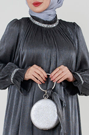 Simli Taşlı Abiye Elbise-Antrasit