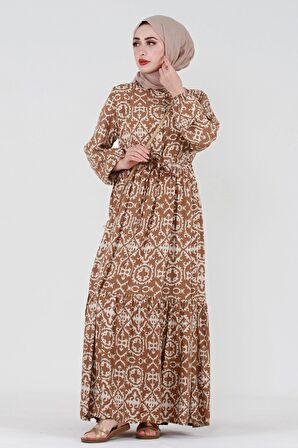 Etnik Desenli Beli Tünelli Viskon Elbise-VİZON