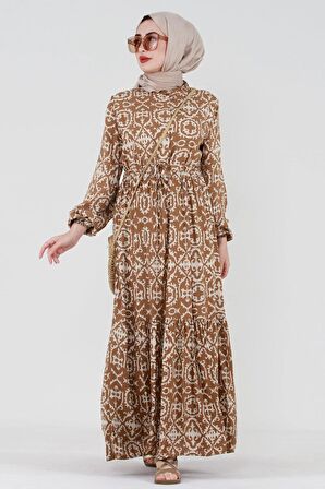 Etnik Desenli Beli Tünelli Viskon Elbise-VİZON