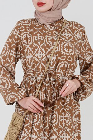 Etnik Desenli Beli Tünelli Viskon Elbise-VİZON