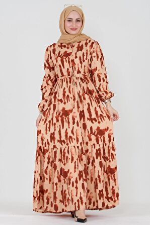 Batik Desen Gizli Düğmeli Viskon Elbise-Bordo