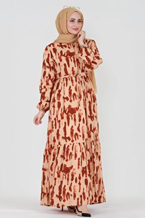 Batik Desen Gizli Düğmeli Viskon Elbise-Bordo