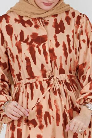 Batik Desen Gizli Düğmeli Viskon Elbise-Bordo