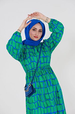 Cam Kırığı Desenli Viskon Elbise-Yeşil