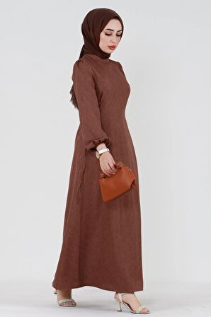 Yanı Bağcıklı Keten Elbise-Kahverengi