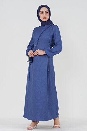 Yanı Bağcıklı Keten Elbise-Mavi