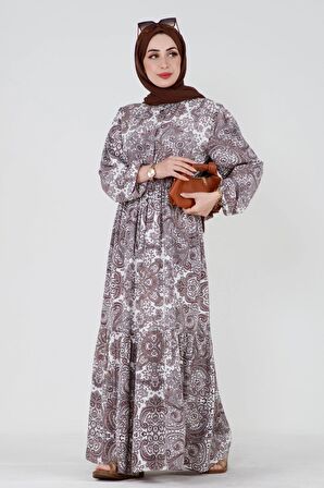 Mozaik Desen Beli Tünelli Viscon Elbise-Kahverengi