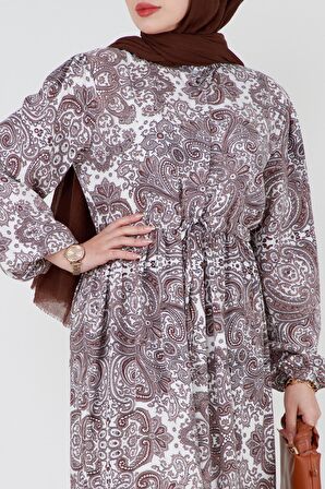 Mozaik Desen Beli Tünelli Viscon Elbise-Kahverengi