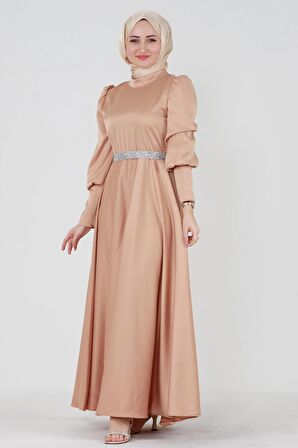 Kuşağı Taşlı Saten Abiye-Pudra
