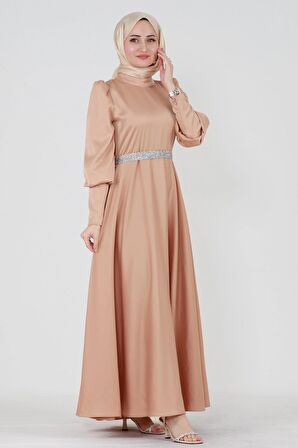 Kuşağı Taşlı Saten Abiye-Pudra