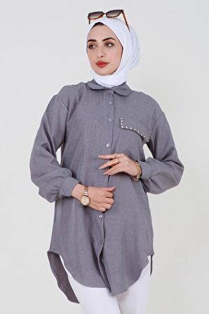 Cebi Taş Detaylı Gömlek-Gri