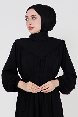 Kapalı V Yaka Robalı Geniş Kesim Tesettür Elbise -Siyah