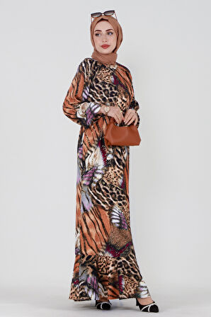 Varak Detaylı Kaplan Desenli Elbise-Bordo